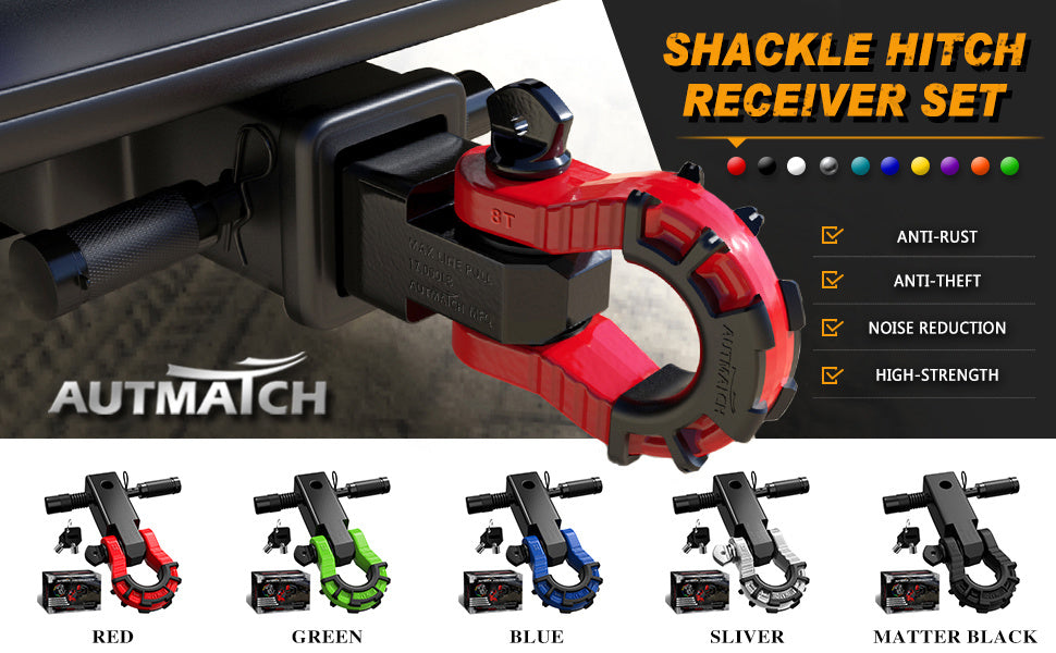 AUTMATCH 2-Inch Shackle Hitch Receiver Featuring a 3/4" Mega D Ring Shackle And a 5/8" Trailer Hitch Lock Pin, Designed for Heavy-Duty Vehicle Recovery with a Break Strength of 68, 000 Lbs