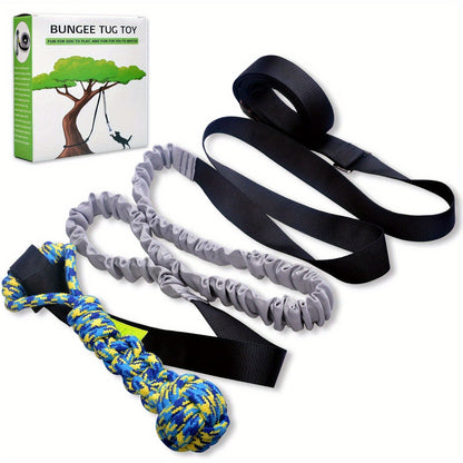 Bungee Dog Tug Toy Outdoor Hanging from Tree Height Adjustable 19.7 Ft Elastic Cord Tether with Chew Rope - Solo & Interactive Exercise Play for All Dog Breeds Small to Large