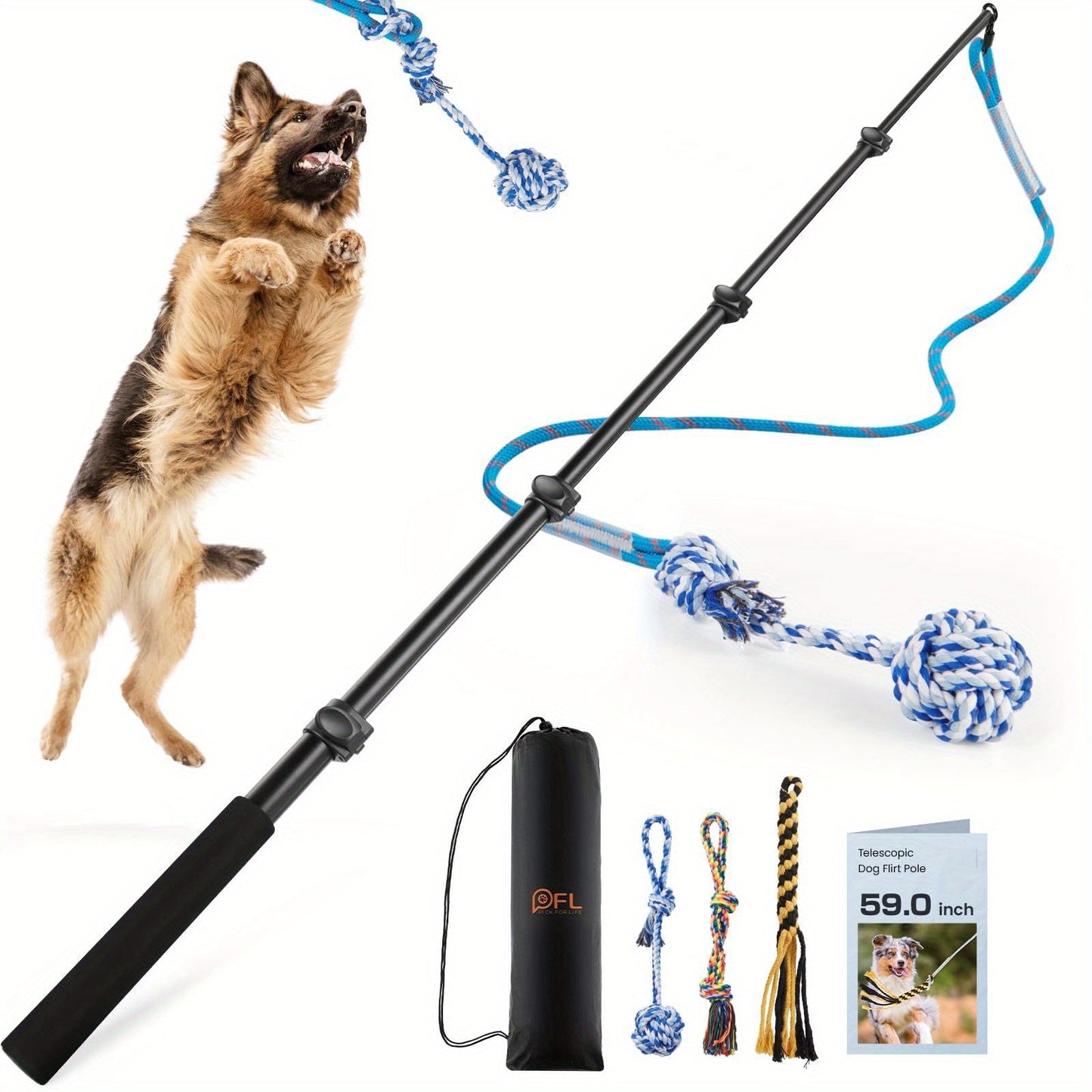 Dog Flirt Pole Telescopic - Extendable Flirt Stick with 3 Detachable Toys & Nylon Rope, Aluminum Alloy Dog Chase Toy for Small Medium Large Dogs, Agility Training Exercise & Interactive Play Tool