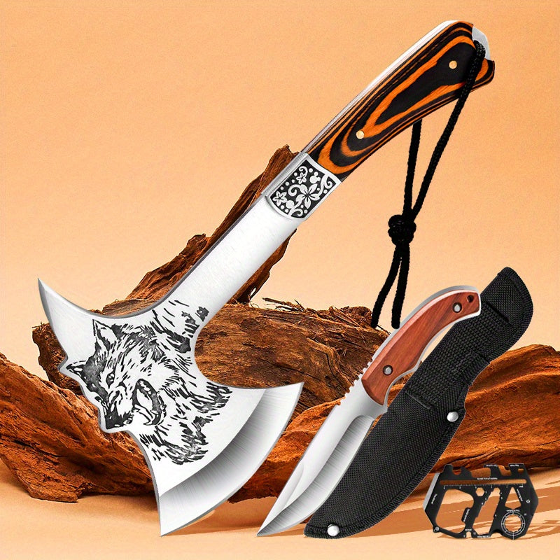 Tactical Axe Set Outdoor Multifunctional Knife Tool Card 3-4 Piece Kit for Hiking Camping BBQ Survival Wolf Head Axe Option