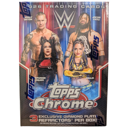 Topps Chrome WWE Blaster Box 2026 – 28 Cards | 3 Diamond Plate Parallels | 7 Inserts | WWE Superstars, Legends & Rookies | Factory Sealed Trading Card Box