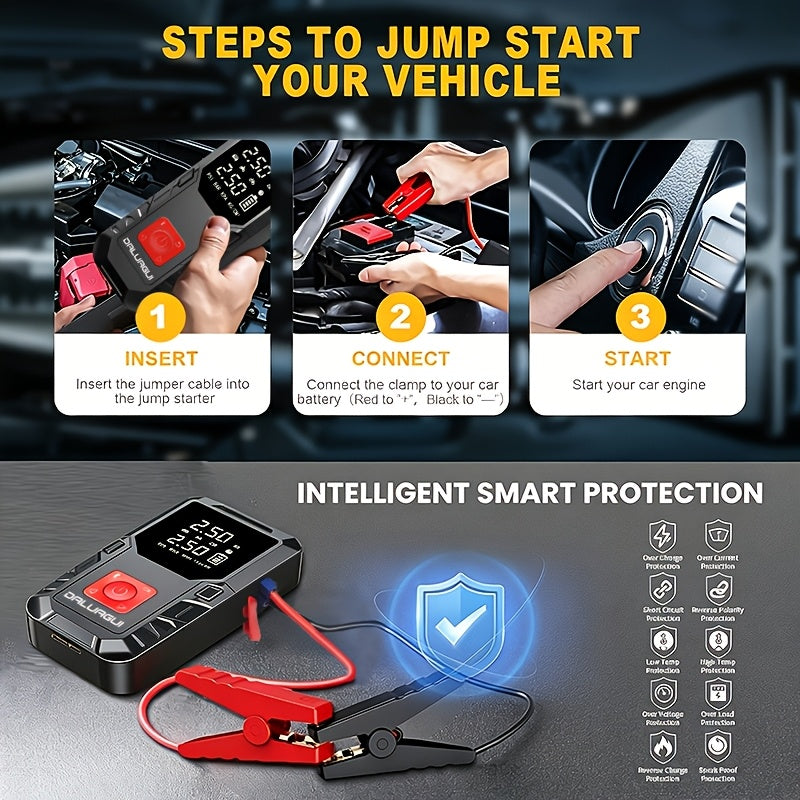 9-in-1 Car Jump Starter with Air Compressor, 150PSI Portable Digital Tire Inflator & Vehicle Battery Charger, for 2.38Gal Gas/2.64Gal Diesel Engines, Built-in LED Emergency Light, Compact High-performance Auto Accessory for Outdoor Adventures