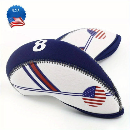 Golf Iron Club Covers USA Flag Neoprene Zipper Head Covers Machine Washable Fits Standard Irons Blue White Patriotic Design for Men Women Golfers