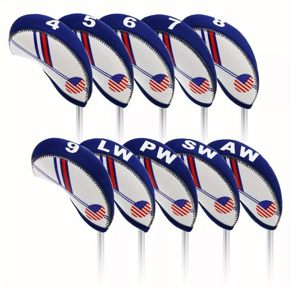 Golf Iron Club Covers USA Flag Neoprene Zipper Head Covers Machine Washable Fits Standard Irons Blue White Patriotic Design for Men Women Golfers