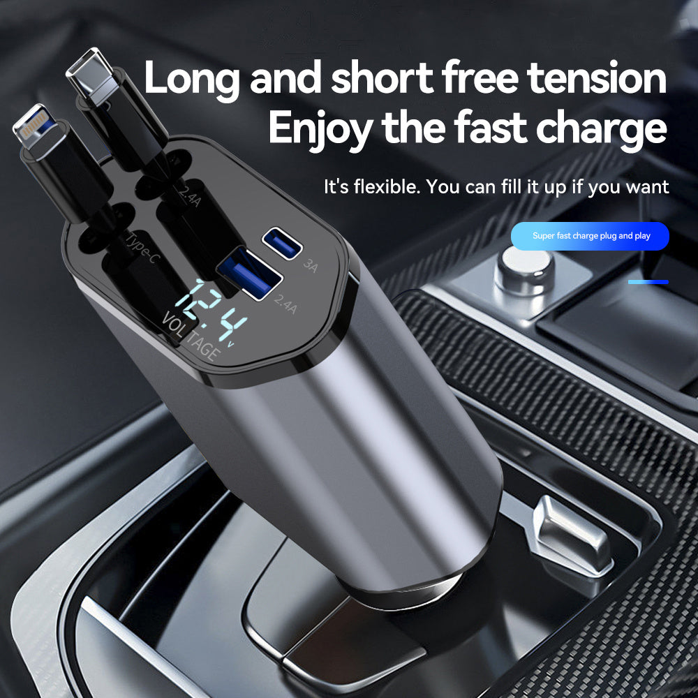 120W Retractable 4in 1 Fast Charging Car Charging Cable 4 Ports Car Charger Adapter Compatible with iPhone 15/ 14/ 13/ 12/ 11 Galaxy Pixel and All iOS and Android Devices - Safe and Reliable Car Plug