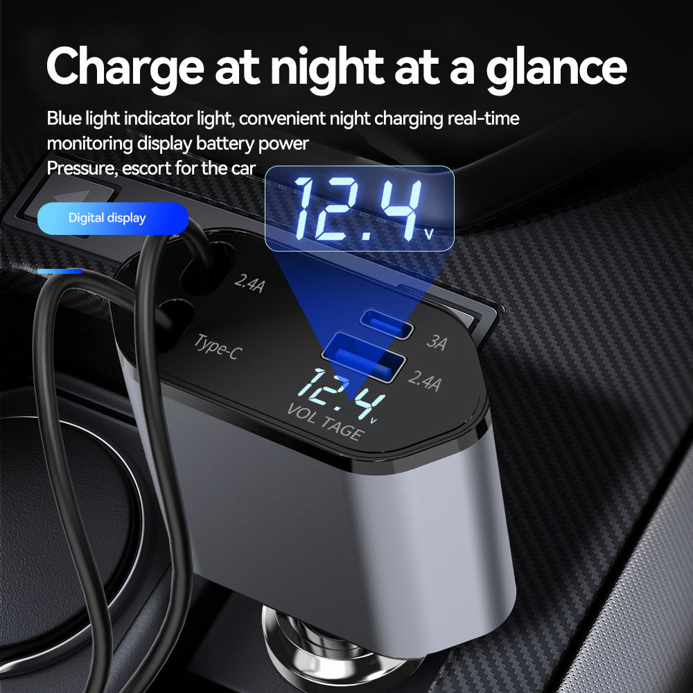 120W Retractable 4in 1 Fast Charging Car Charging Cable 4 Ports Car Charger Adapter Compatible with iPhone 15/ 14/ 13/ 12/ 11 Galaxy Pixel and All iOS and Android Devices - Safe and Reliable Car Plug