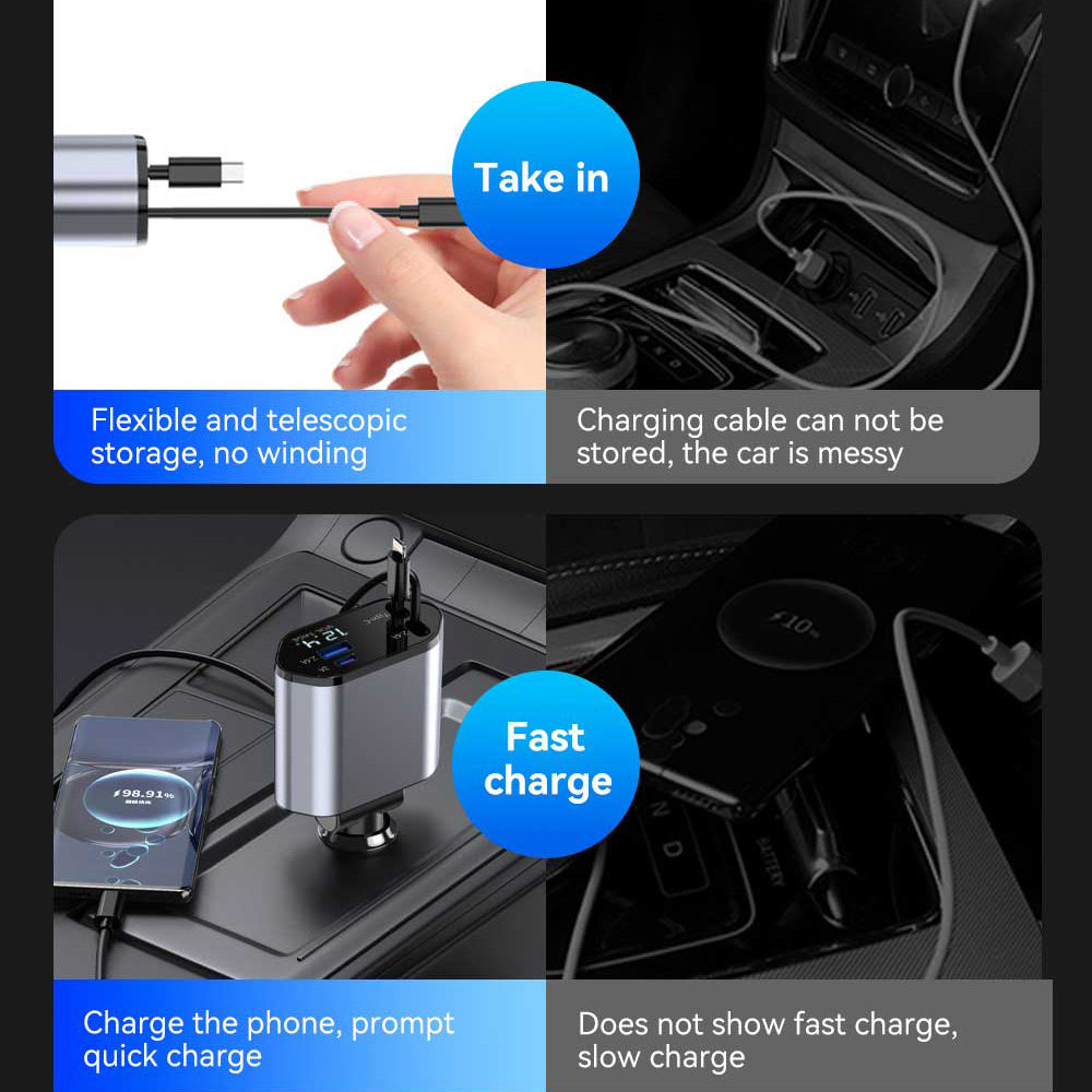 120W Retractable 4in 1 Fast Charging Car Charging Cable 4 Ports Car Charger Adapter Compatible with iPhone 15/ 14/ 13/ 12/ 11 Galaxy Pixel and All iOS and Android Devices - Safe and Reliable Car Plug