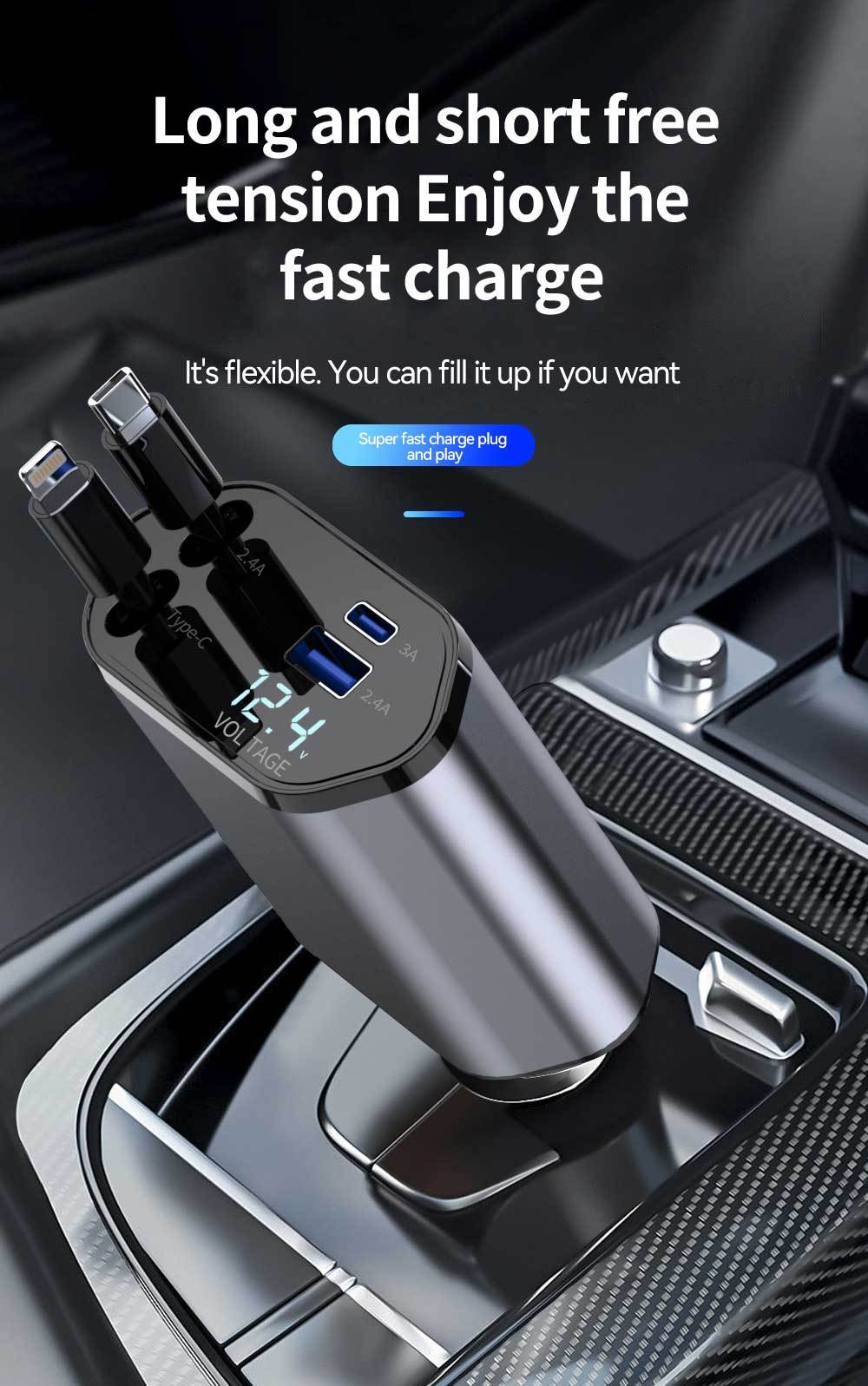120W Retractable 4in 1 Fast Charging Car Charging Cable 4 Ports Car Charger Adapter Compatible with iPhone 15/ 14/ 13/ 12/ 11 Galaxy Pixel and All iOS and Android Devices - Safe and Reliable Car Plug