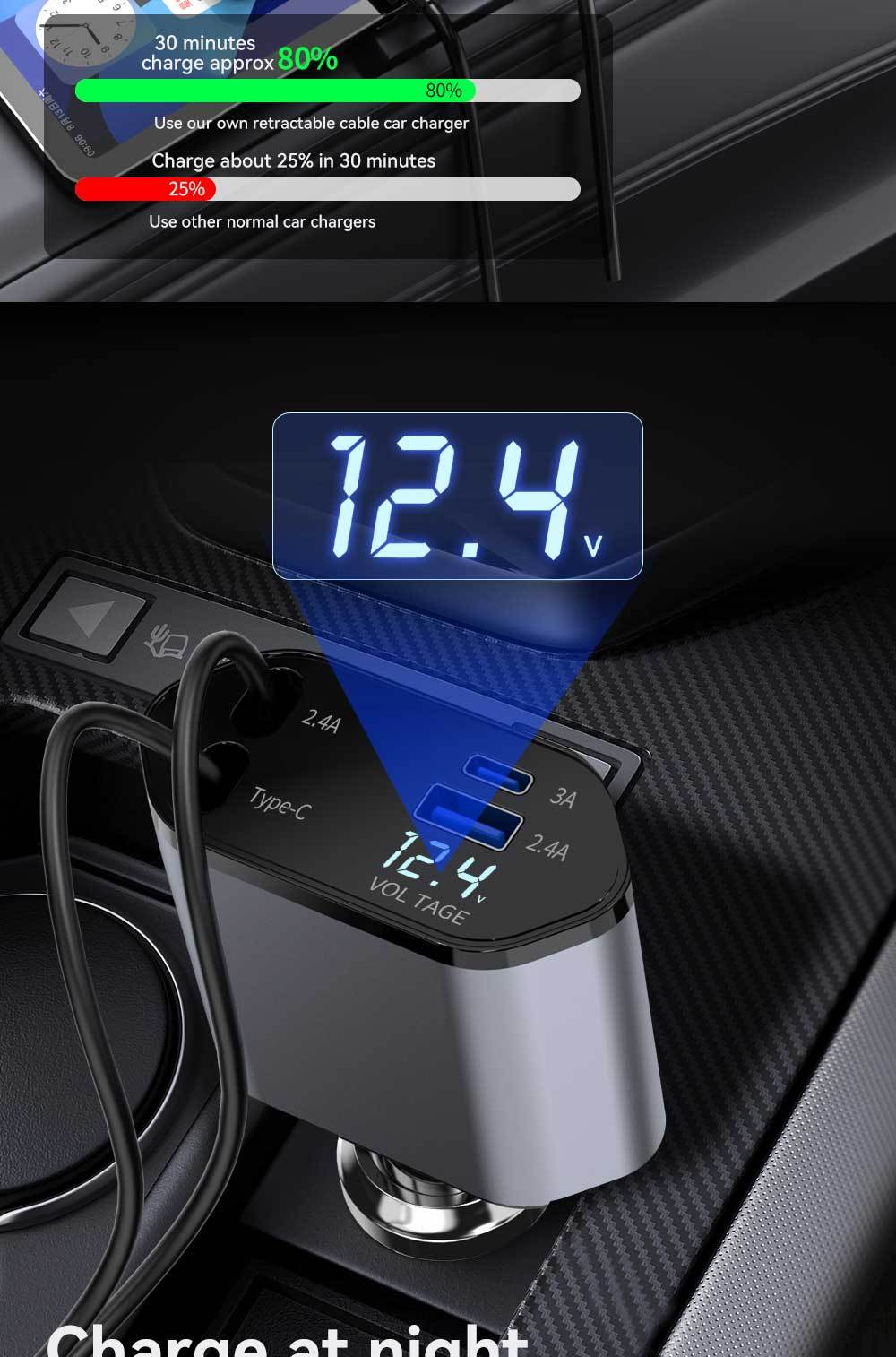 120W Retractable 4in 1 Fast Charging Car Charging Cable 4 Ports Car Charger Adapter Compatible with iPhone 15/ 14/ 13/ 12/ 11 Galaxy Pixel and All iOS and Android Devices - Safe and Reliable Car Plug