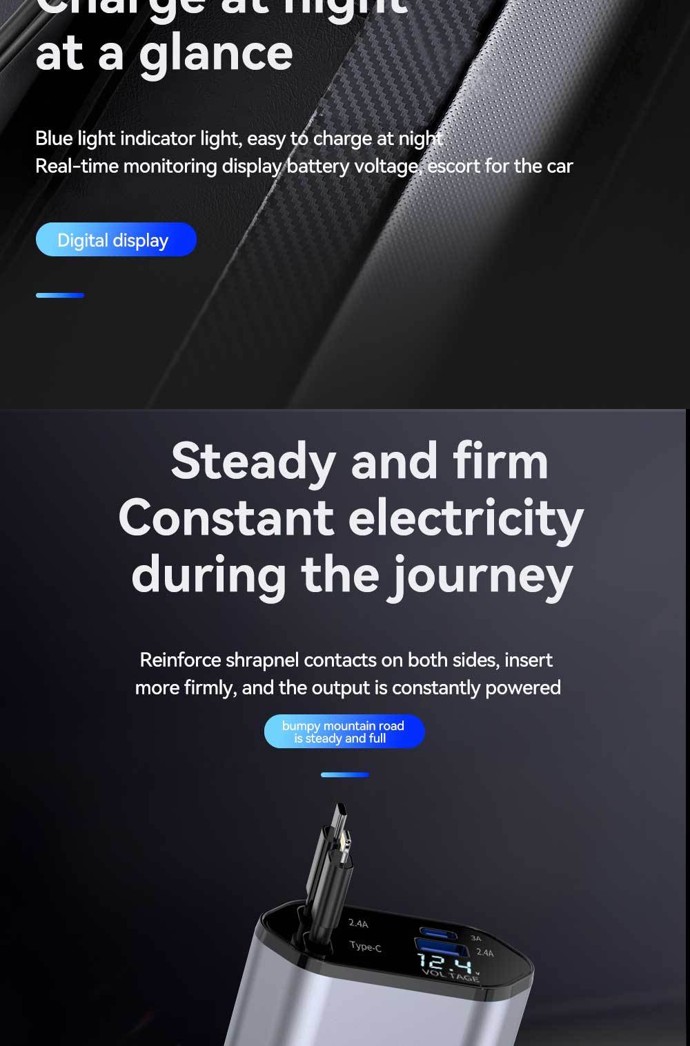 120W Retractable 4in 1 Fast Charging Car Charging Cable 4 Ports Car Charger Adapter Compatible with iPhone 15/ 14/ 13/ 12/ 11 Galaxy Pixel and All iOS and Android Devices - Safe and Reliable Car Plug