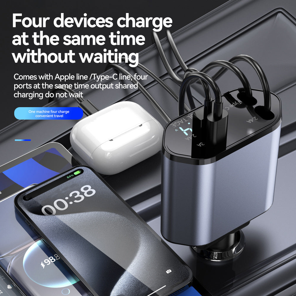 120W Retractable 4in 1 Fast Charging Car Charging Cable 4 Ports Car Charger Adapter Compatible with iPhone 15/ 14/ 13/ 12/ 11 Galaxy Pixel and All iOS and Android Devices - Safe and Reliable Car Plug