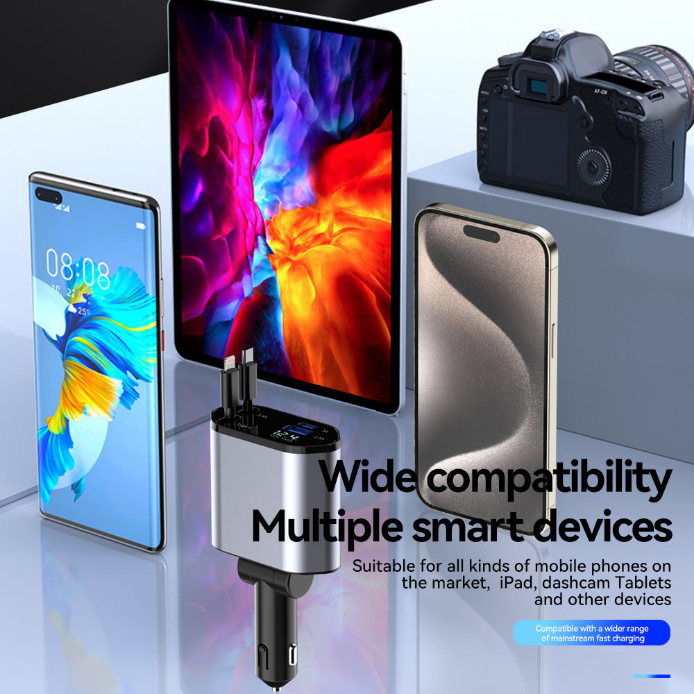 120W Retractable 4in 1 Fast Charging Car Charging Cable 4 Ports Car Charger Adapter Compatible with iPhone 15/ 14/ 13/ 12/ 11 Galaxy Pixel and All iOS and Android Devices - Safe and Reliable Car Plug