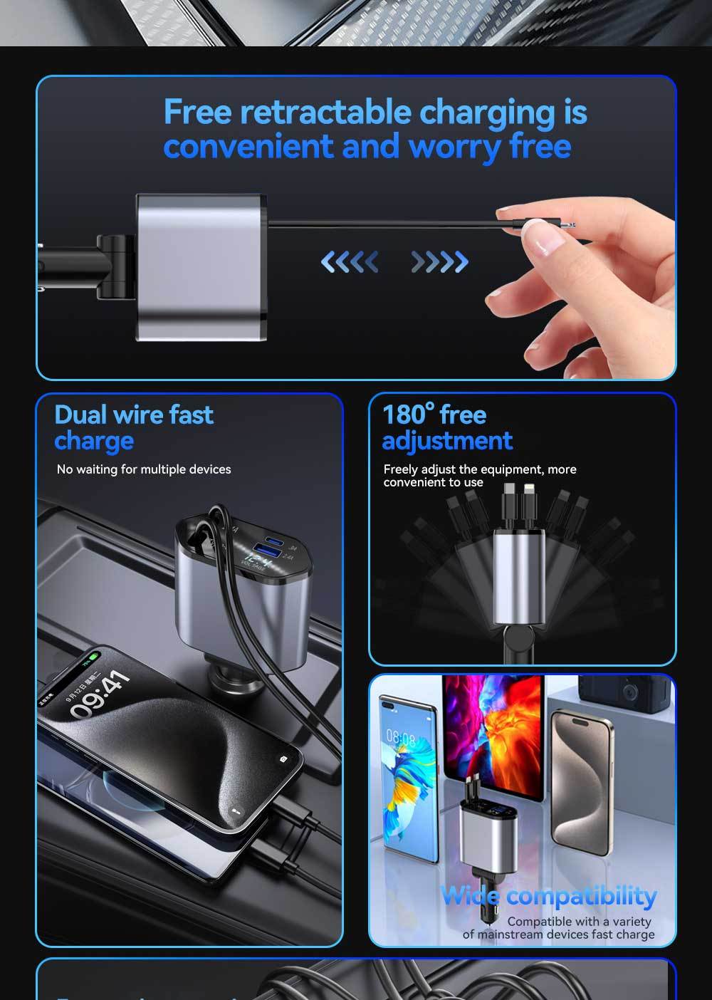 120W Retractable 4in 1 Fast Charging Car Charging Cable 4 Ports Car Charger Adapter Compatible with iPhone 15/ 14/ 13/ 12/ 11 Galaxy Pixel and All iOS and Android Devices - Safe and Reliable Car Plug