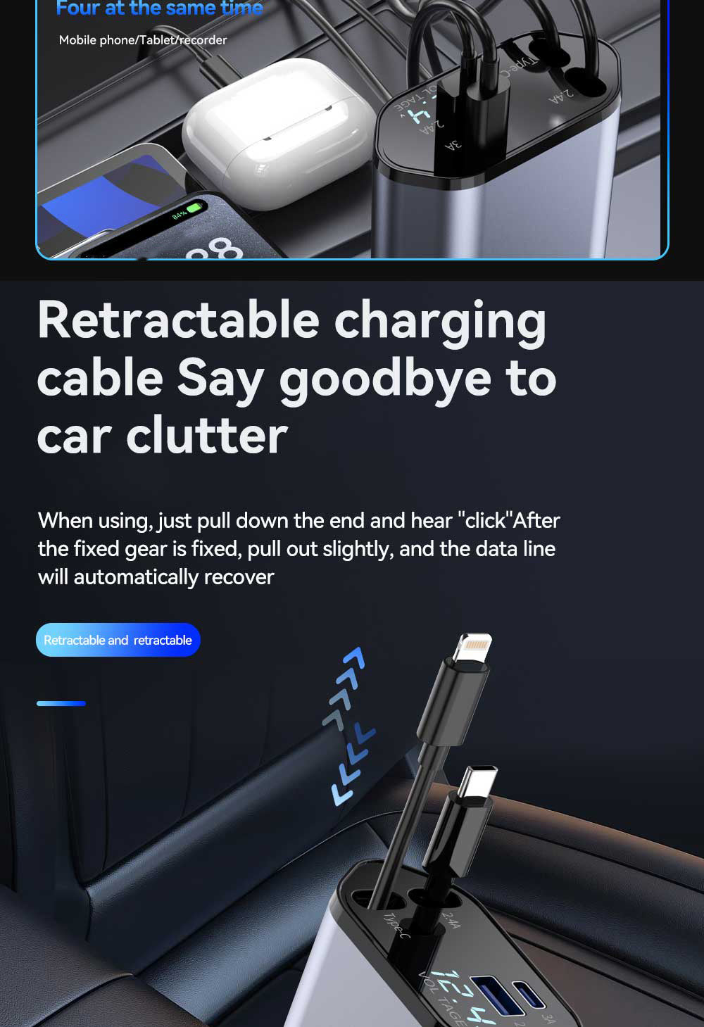 120W Retractable 4in 1 Fast Charging Car Charging Cable 4 Ports Car Charger Adapter Compatible with iPhone 15/ 14/ 13/ 12/ 11 Galaxy Pixel and All iOS and Android Devices - Safe and Reliable Car Plug