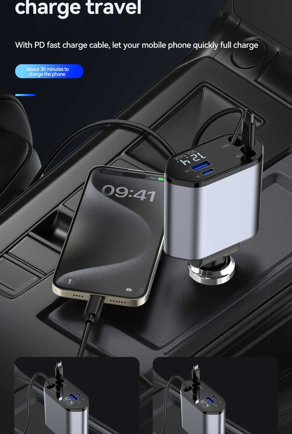 120W Retractable 4in 1 Fast Charging Car Charging Cable 4 Ports Car Charger Adapter Compatible with iPhone 15/ 14/ 13/ 12/ 11 Galaxy Pixel and All iOS and Android Devices - Safe and Reliable Car Plug