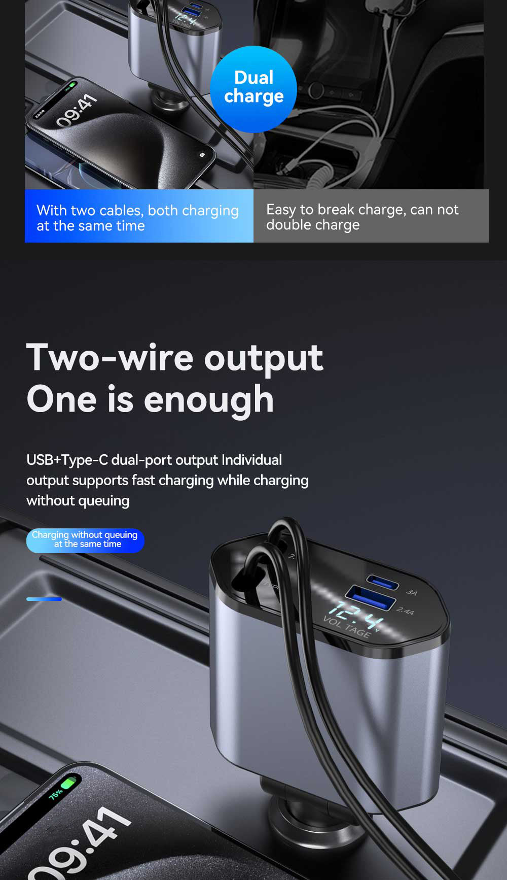 120W Retractable 4in 1 Fast Charging Car Charging Cable 4 Ports Car Charger Adapter Compatible with iPhone 15/ 14/ 13/ 12/ 11 Galaxy Pixel and All iOS and Android Devices - Safe and Reliable Car Plug