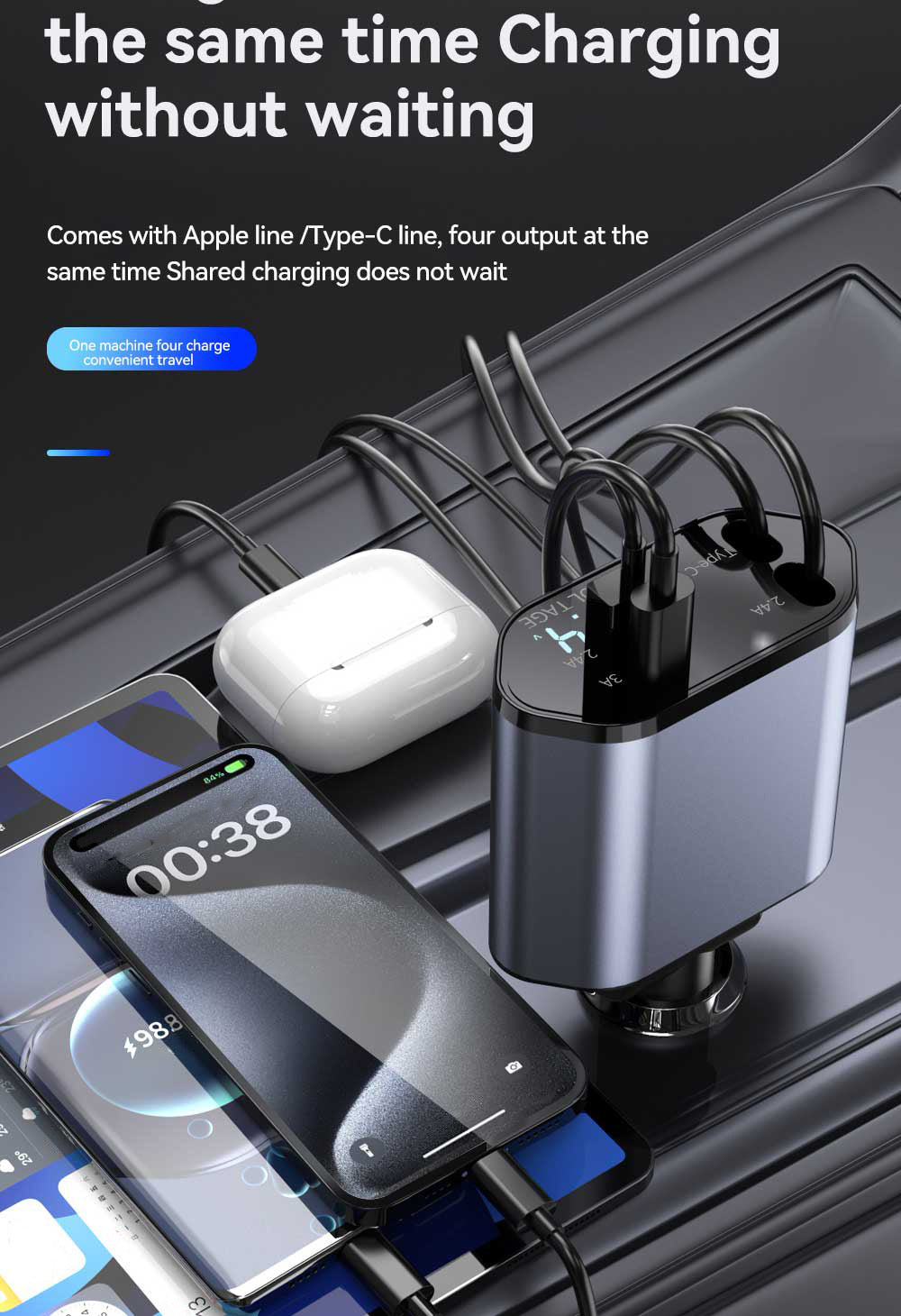 120W Retractable 4in 1 Fast Charging Car Charging Cable 4 Ports Car Charger Adapter Compatible with iPhone 15/ 14/ 13/ 12/ 11 Galaxy Pixel and All iOS and Android Devices - Safe and Reliable Car Plug