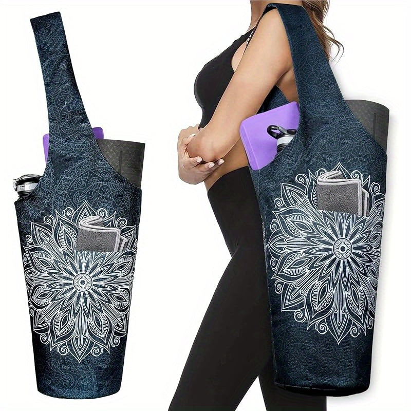 Yoga Mat Tote Bag 37”×15.5” – Large Shoulder Carrier with Dual Pockets for Yoga Mat, Block, Strap & Accessories, Fits Most Mat Sizes, Gym & Studio Bag for Women, Cloud Forest & Mandala Black