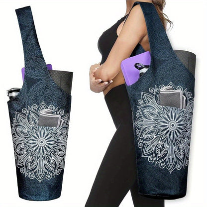 Yoga Mat Tote Bag 37”×15.5” – Large Shoulder Carrier with Dual Pockets for Yoga Mat, Block, Strap & Accessories, Fits Most Mat Sizes, Gym & Studio Bag for Women, Cloud Forest & Mandala Black