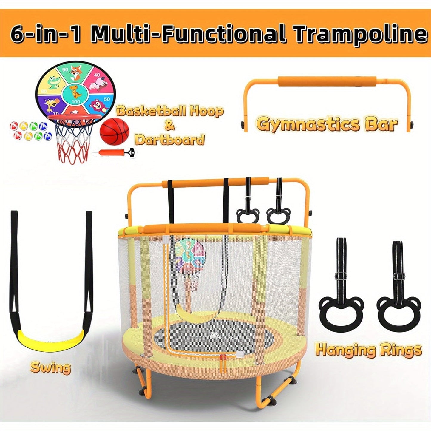 60 Inch Kids Trampoline 6-in-1 with Safety Net Enclosure, Basketball Hoop, Swing, Dart Board & Gymnastic Rings – Indoor Outdoor Toddler Trampoline for Boys Girls, 5ft Fun Activity Center