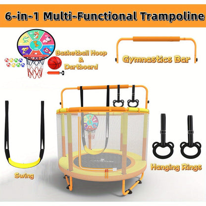 60 Inch Kids Trampoline 6-in-1 with Safety Net Enclosure, Basketball Hoop, Swing, Dart Board & Gymnastic Rings – Indoor Outdoor Toddler Trampoline for Boys Girls, 5ft Fun Activity Center