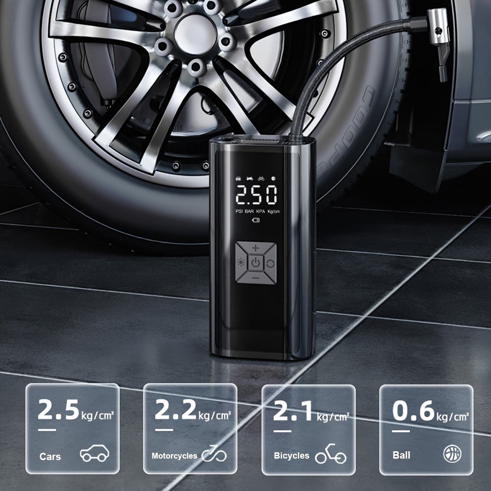 Tire Inflator Portable with Digital Pressure Gauge 150 PSI Ideal for Car Motorcycle Bicycle Tires And Balls Featuring Triple Speed Adjustable Inflation Auto Shut Off LED Emergency Light, Power Bank Function, USB Charging, Digital Display