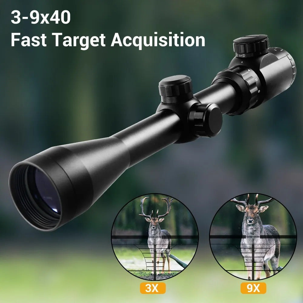 Waterproof Riflescope 3-9x40 with Red Green Illuminated Reticle & Reinforced Aluminum Alloy Body, Four-Hole Picatinny Mount Adjustable Tactical Optical Scope for Hunting Shooting Outdoor Use