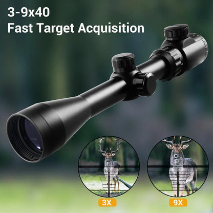 Waterproof Riflescope 3-9x40 with Red Green Illuminated Reticle & Reinforced Aluminum Alloy Body, Four-Hole Picatinny Mount Adjustable Tactical Optical Scope for Hunting Shooting Outdoor Use