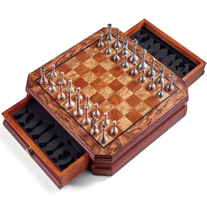 Wooden Chess Set with Metal Pieces & Storage Drawers 12 Inch – 2.5" Kings 2 Extra Queens Vintage Mahogany Board for Adults Beginners, Premium Strategy Game Gift