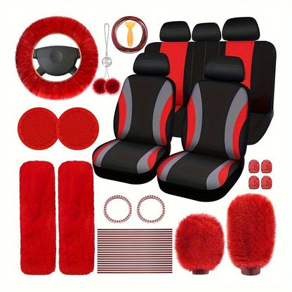 Car Interior Accessories Set for Women 45pcs – Plush Seat Cover, Steering Wheel Cover & Pendant, Universal Fit, All Seasons (Red/Black/Blue/Pink/Grey/Purple)