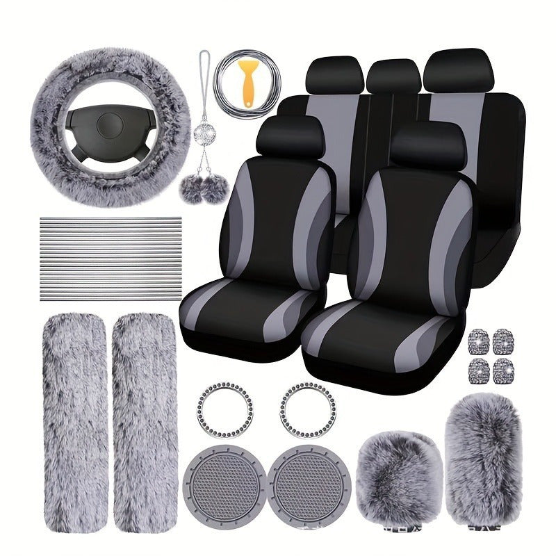 Car Interior Accessories Set for Women 45pcs – Plush Seat Cover, Steering Wheel Cover & Pendant, Universal Fit, All Seasons (Red/Black/Blue/Pink/Grey/Purple)