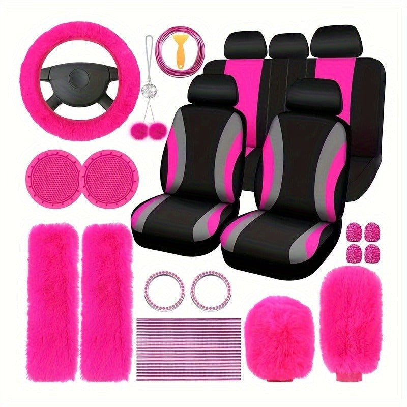 Car Interior Accessories Set for Women 45pcs – Plush Seat Cover, Steering Wheel Cover & Pendant, Universal Fit, All Seasons (Red/Black/Blue/Pink/Grey/Purple)