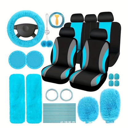Car Interior Accessories Set for Women 45pcs – Plush Seat Cover, Steering Wheel Cover & Pendant, Universal Fit, All Seasons (Red/Black/Blue/Pink/Grey/Purple)