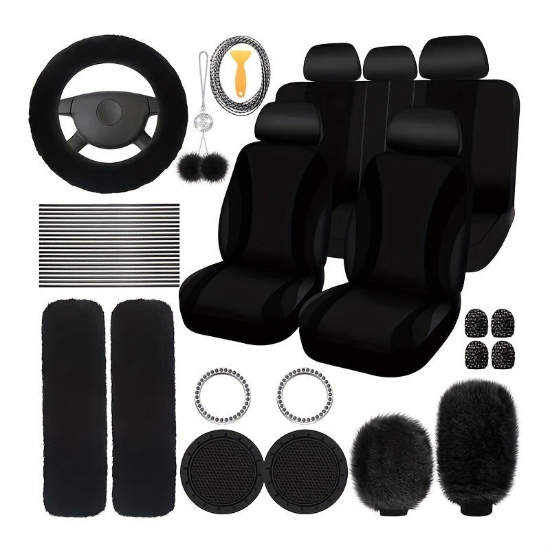 Car Interior Accessories Set for Women 45pcs – Plush Seat Cover, Steering Wheel Cover & Pendant, Universal Fit, All Seasons (Red/Black/Blue/Pink/Grey/Purple)