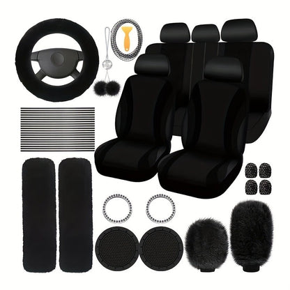 Car Interior Accessories Set for Women 45pcs – Plush Seat Cover, Steering Wheel Cover & Pendant, Universal Fit, All Seasons (Red/Black/Blue/Pink/Grey/Purple)