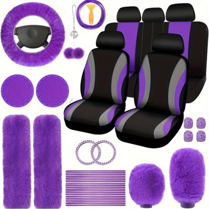 Car Interior Accessories Set for Women 45pcs – Plush Seat Cover, Steering Wheel Cover & Pendant, Universal Fit, All Seasons (Red/Black/Blue/Pink/Grey/Purple)