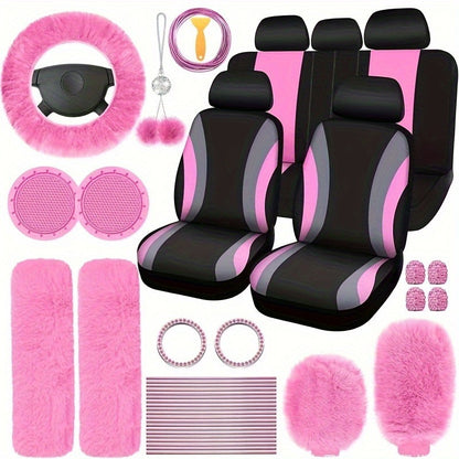 Car Interior Accessories Set for Women 45pcs – Plush Seat Cover, Steering Wheel Cover & Pendant, Universal Fit, All Seasons (Red/Black/Blue/Pink/Grey/Purple)
