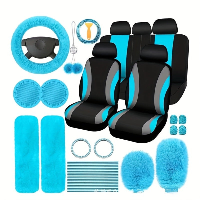 Car Interior Accessories Set for Women 45pcs – Plush Seat Cover, Steering Wheel Cover & Pendant, Universal Fit, All Seasons (Red/Black/Blue/Pink/Grey/Purple)