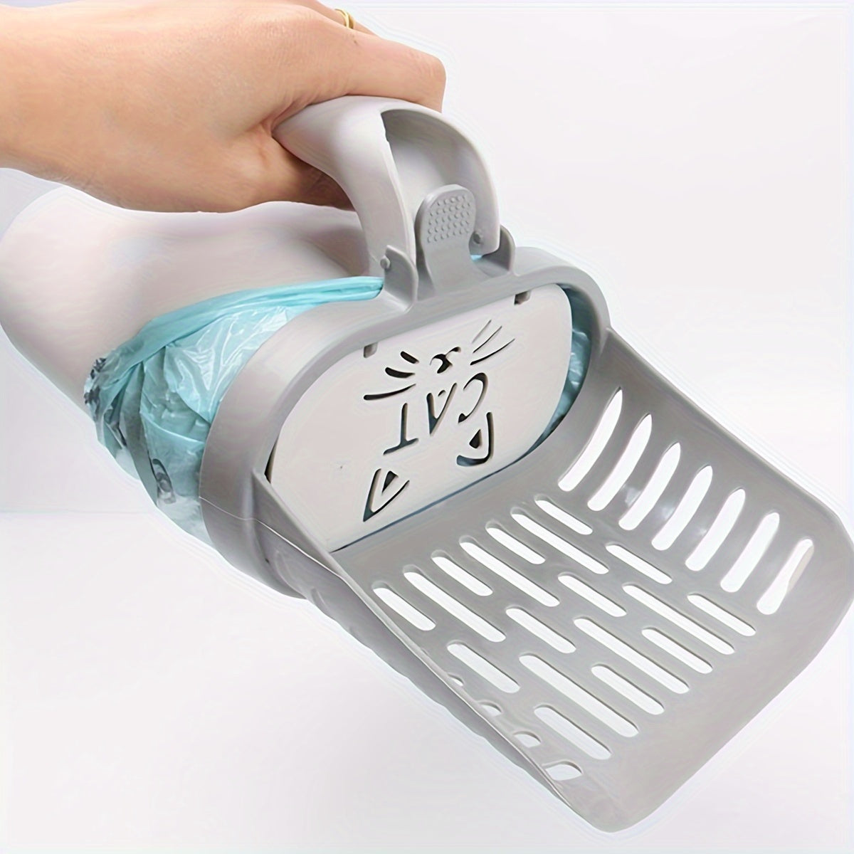 Cat Litter Scoop with Waste Bag Holder - Durable Plastic Litter Shovel with Removable Garbage Bag Dispenser, Easy Cleaning Tool for All Cat Breeds, Daily Litter Box Maintenance, Off-White
