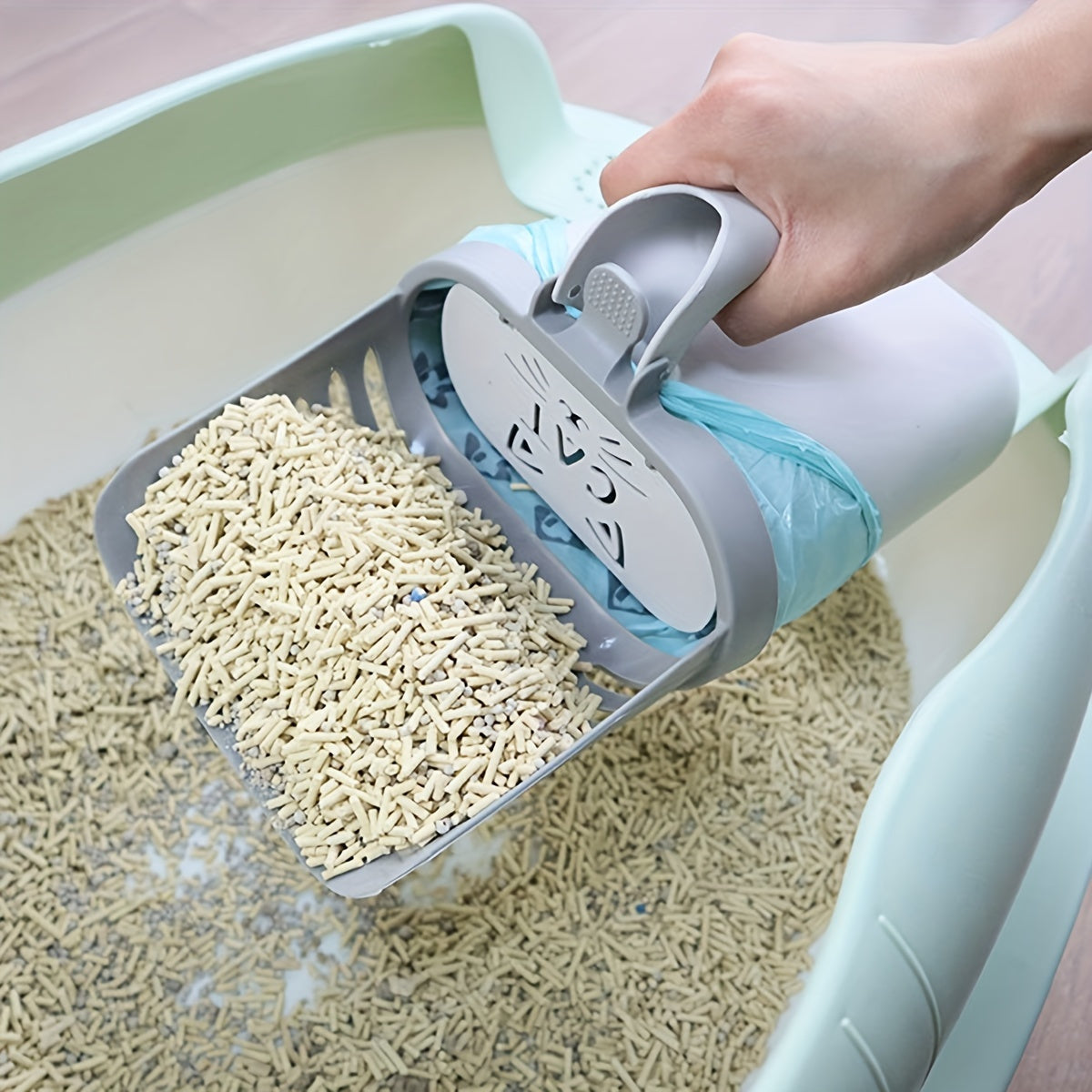 Cat Litter Scoop with Waste Bag Holder - Durable Plastic Litter Shovel with Removable Garbage Bag Dispenser, Easy Cleaning Tool for All Cat Breeds, Daily Litter Box Maintenance, Off-White