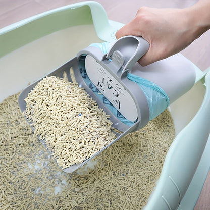 Cat Litter Scoop with Waste Bag Holder - Durable Plastic Litter Shovel with Removable Garbage Bag Dispenser, Easy Cleaning Tool for All Cat Breeds, Daily Litter Box Maintenance, Off-White