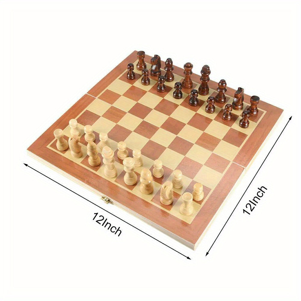 Wooden Folding Chess Set 12 Inch – Handmade Portable Chessboard 30x30cm with Game Pieces, Classic Strategy Board Game for Adults Kids, Home Travel Gift