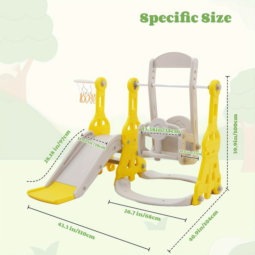 4-in-1 Toddler Slide and Swing Set with Climber Basketball Hoop Outdoor Indoor Backyard Playground Playset for Kids Ages 1-6 Yellow