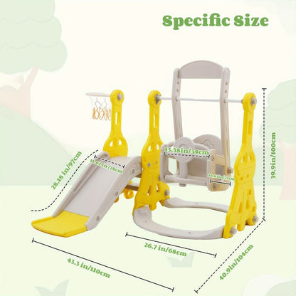 4-in-1 Toddler Slide and Swing Set with Climber Basketball Hoop Outdoor Indoor Backyard Playground Playset for Kids Ages 1-6 Yellow