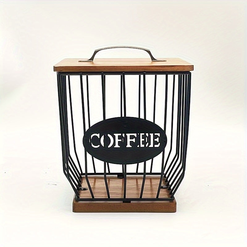 K-Cup Coffee Pod Holder Rack with Lid – Large Capacity Black Metal Square Coffee Capsule Storage Organizer with Wooden Base, Modern Coffee Bar Countertop Decoration for Coffee Beans & Capsules – Black