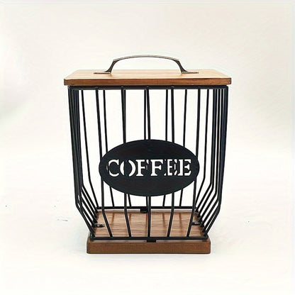 K-Cup Coffee Pod Holder Rack with Lid – Large Capacity Black Metal Square Coffee Capsule Storage Organizer with Wooden Base, Modern Coffee Bar Countertop Decoration for Coffee Beans & Capsules – Black