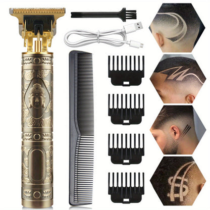 T-Blade Hair Trimmer for Men - Retro Electric Clipper, USB Rechargeable 1000mAh, 240-Min Runtime, 4 Guide Combs, Dragon & Buddha Designs, Black Bronze Blue Purple