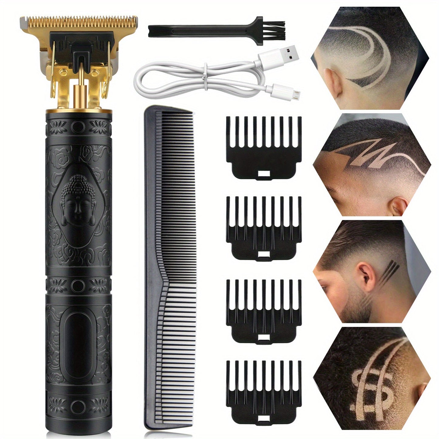 T-Blade Hair Trimmer for Men - Retro Electric Clipper, USB Rechargeable 1000mAh, 240-Min Runtime, 4 Guide Combs, Dragon & Buddha Designs, Black Bronze Blue Purple