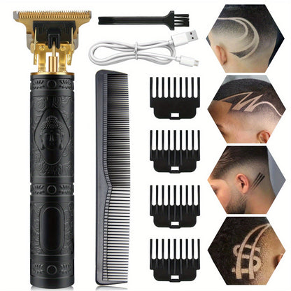 T-Blade Hair Trimmer for Men - Retro Electric Clipper, USB Rechargeable 1000mAh, 240-Min Runtime, 4 Guide Combs, Dragon & Buddha Designs, Black Bronze Blue Purple