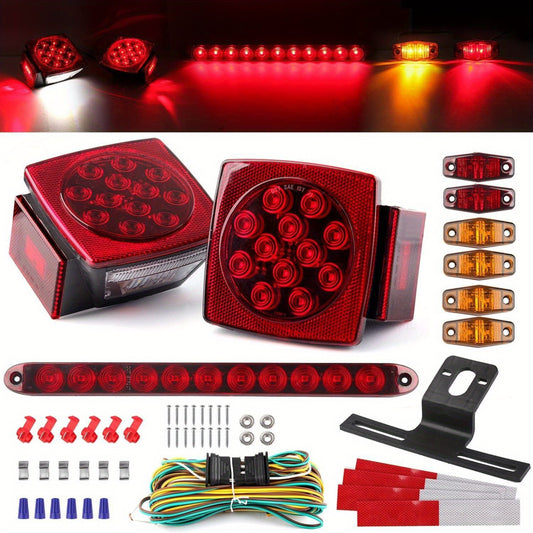 Trailer LED Light Kit, 2 x Square 12V Stop Turn Tail Brake Running Trailer Lights, Trailer Light Kit, 29ft Trailer Wire, 6 x LED Marker Lights, 11LED Trailer Tail Brake Light Bar w/ License Plate Bracket